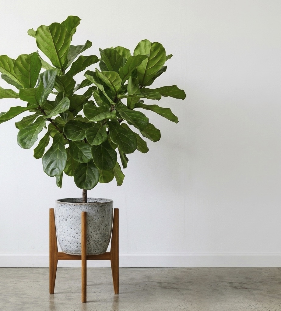 A fiddle leaf fig in a speckled ceramic pot on a wood stand